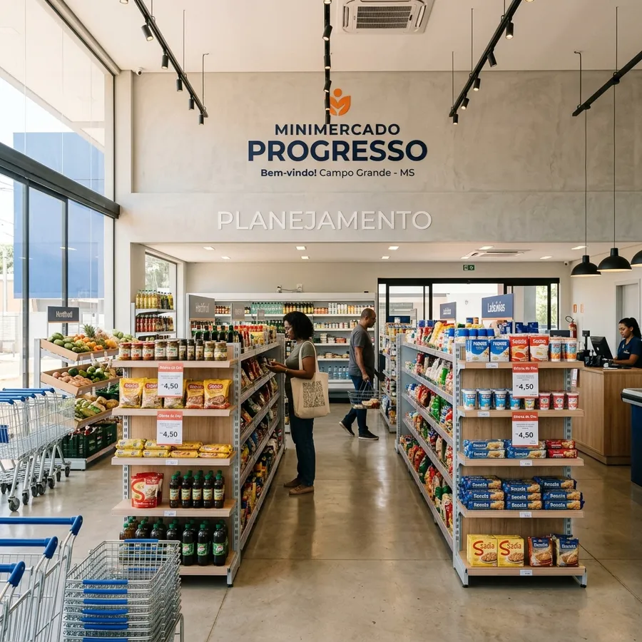 Interior moderno e clean do Minimercado Progresso em Campo Grande MS com gôndolas metálicas de encaixe parcialmente estocadas e palavra-gatilho PLANEJAMENTO em destaque sutil