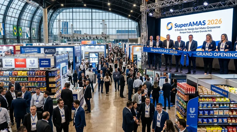 Solenidade de abertura da feira SuperAMAS 2026 no pavilhão Bosque Expo em Campo Grande MS com estandes de gôndolas de aço e tecnologia de varejo