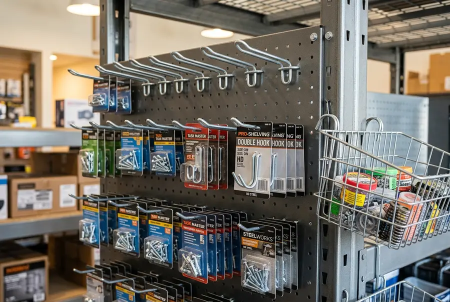 Gôndola de aço equipada com painel perfurado contendo ganchos de metal e cestos aramados organizados com produtos.