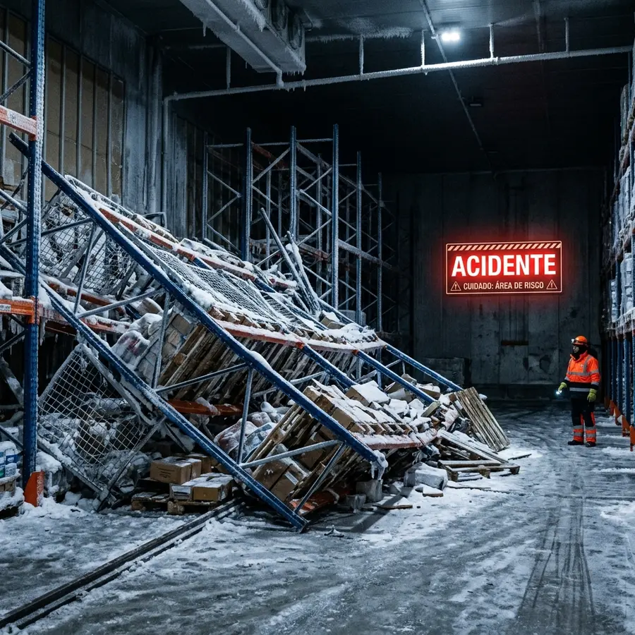Interior de uma câmara frigorífica industrial escura com vigas de racks porta-pallets metálicos colapsadas e cobertas de gelo e o letreiro ACIDENTE sutilmente brilhando em um painel digital