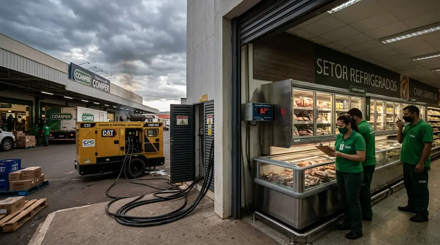 Supermercado em Campo Grande MS conectando gerador móvel de emergência durante apagão prolongado para manter gôndolas e ilhas refrigeradas funcionando
