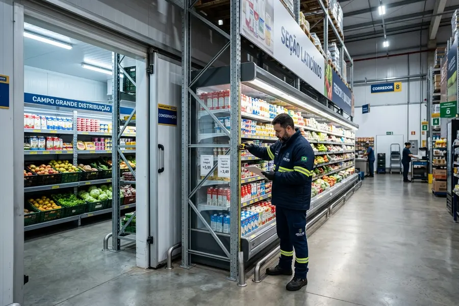 Vistoria técnica de engenharia em câmara fria industrial e corredor refrigerado de supermercado em Campo Grande MS com gôndolas e porta-paletes galvanizados a quente NBR 6323