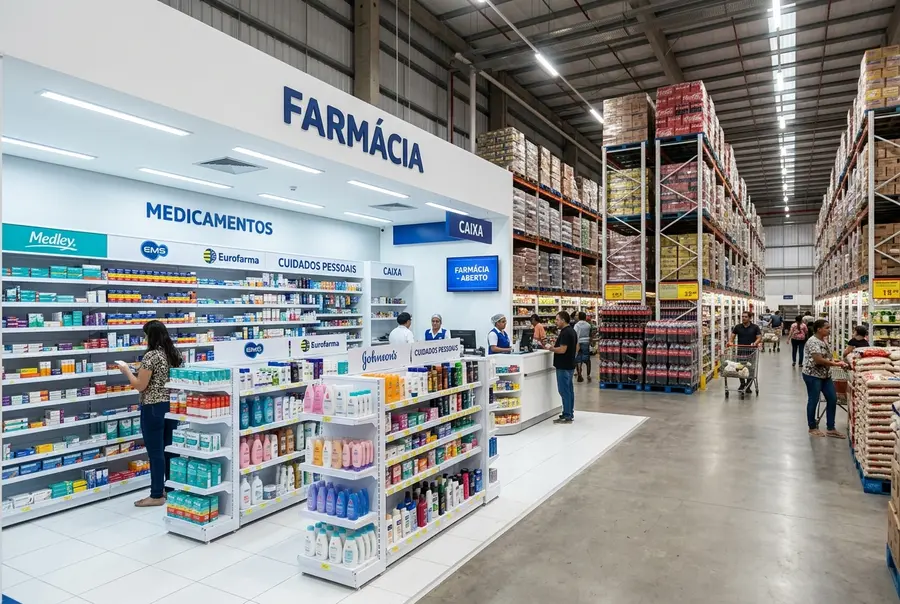 Visão geral de um amplo corredor de atacarejo com uma farmácia integrada moderna, gôndolas brancas de medicamentos sob iluminação clara e sinalização elegante.