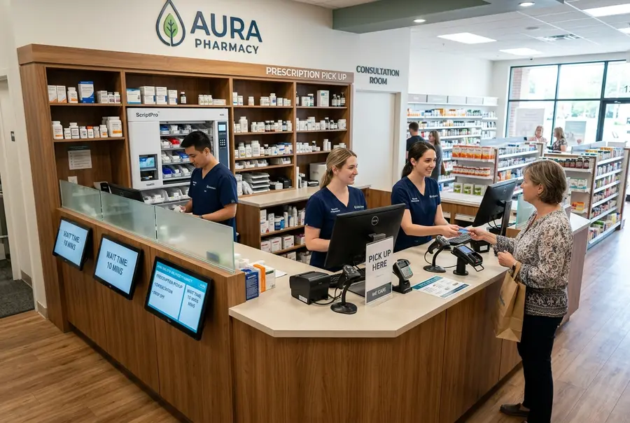 Área de caixa e atendimento da farmácia de conveniência, com balcões de madeira clara e telas digitais organizadas de forma ergonômica.