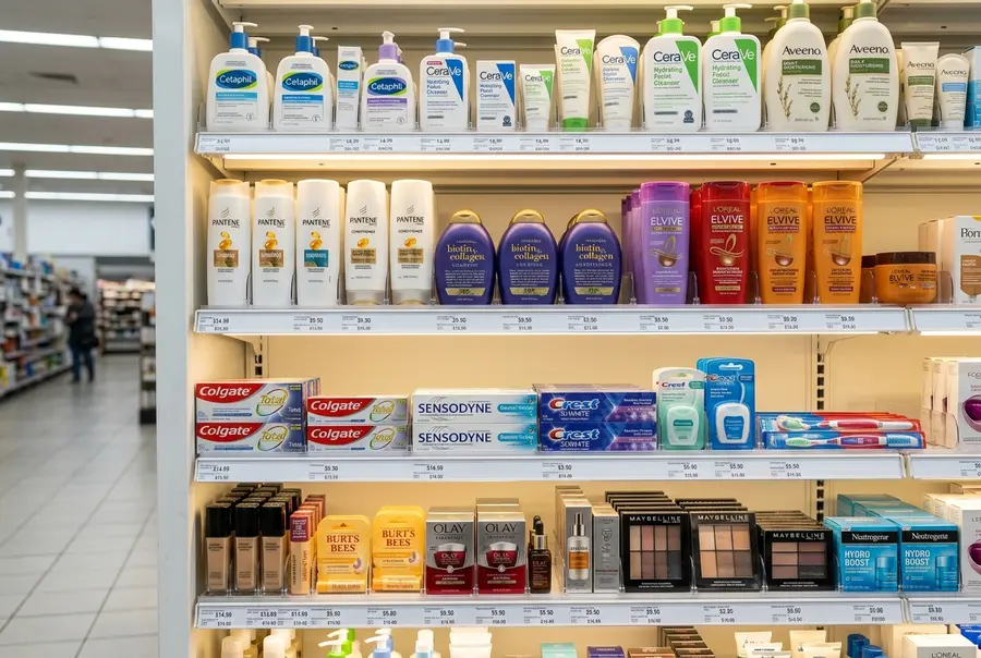 Gôndolas brancas de farmácia repletas de cosméticos e itens de higiene pessoal, organizadas perfeitamente e iluminadas por fitas de LED sob as prateleiras.