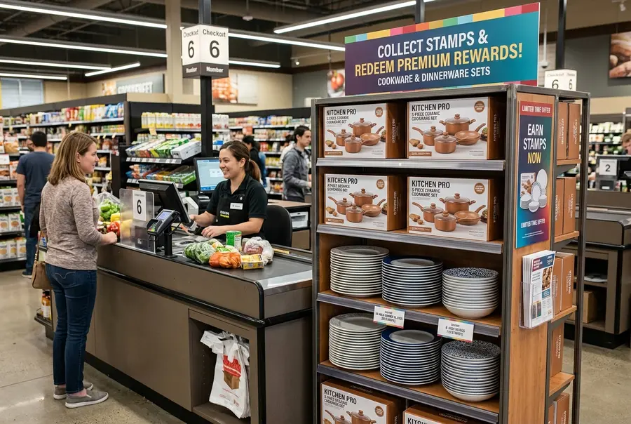 Expositor de brindes de fidelidade posicionado estrategicamente na fila de caixas de supermercado, exibindo facas e panelas de luxo.
