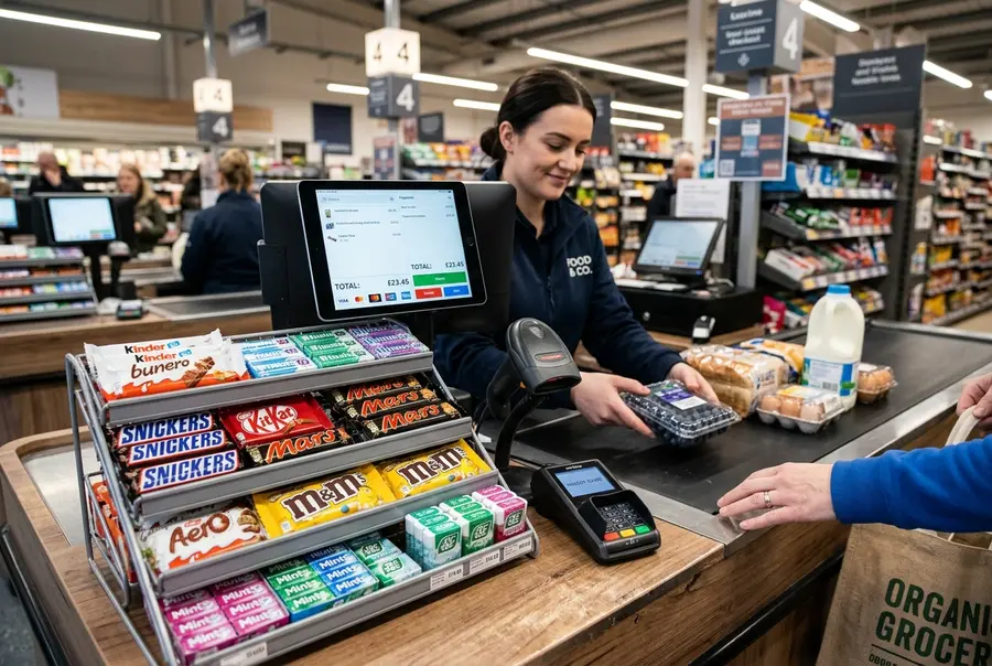 Caixa de minimercado compacto e elegante, com displays de pequenos produtos expostos perfeitamente ao lado de leitor de código de barras.