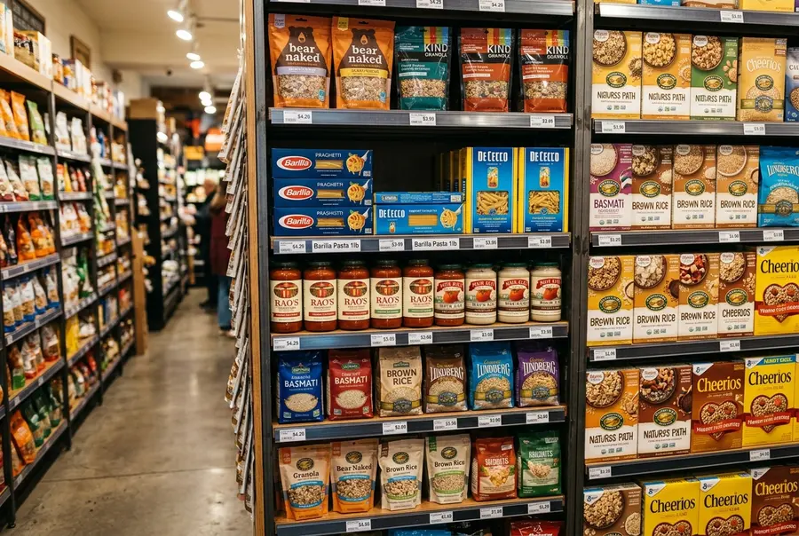 Prateleiras metálicas de mercearia seca de alta densidade vertical em um mercadinho compacto, exibindo produtos de forma organizada e limpa.