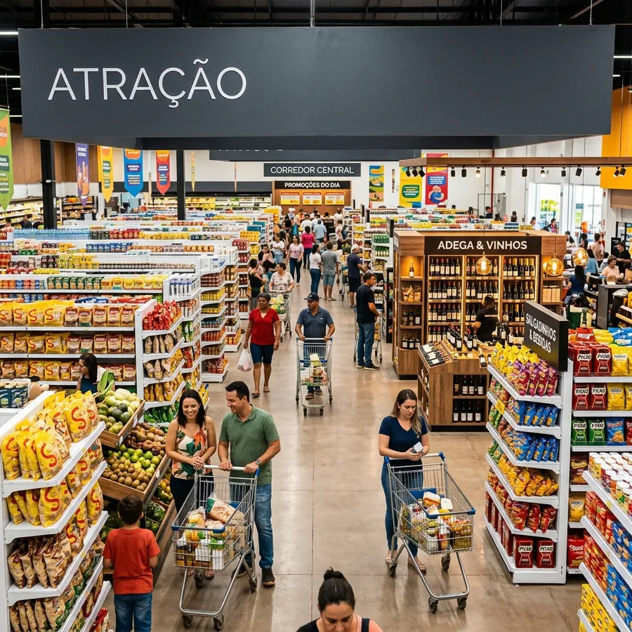 Corredor movimentado de supermercado de grande porte em Mato Grosso do Sul com gôndolas organizadas por visual merchandising e palavra-gatilho ATRAÇÃO integrada de forma limpa no letreiro superior
