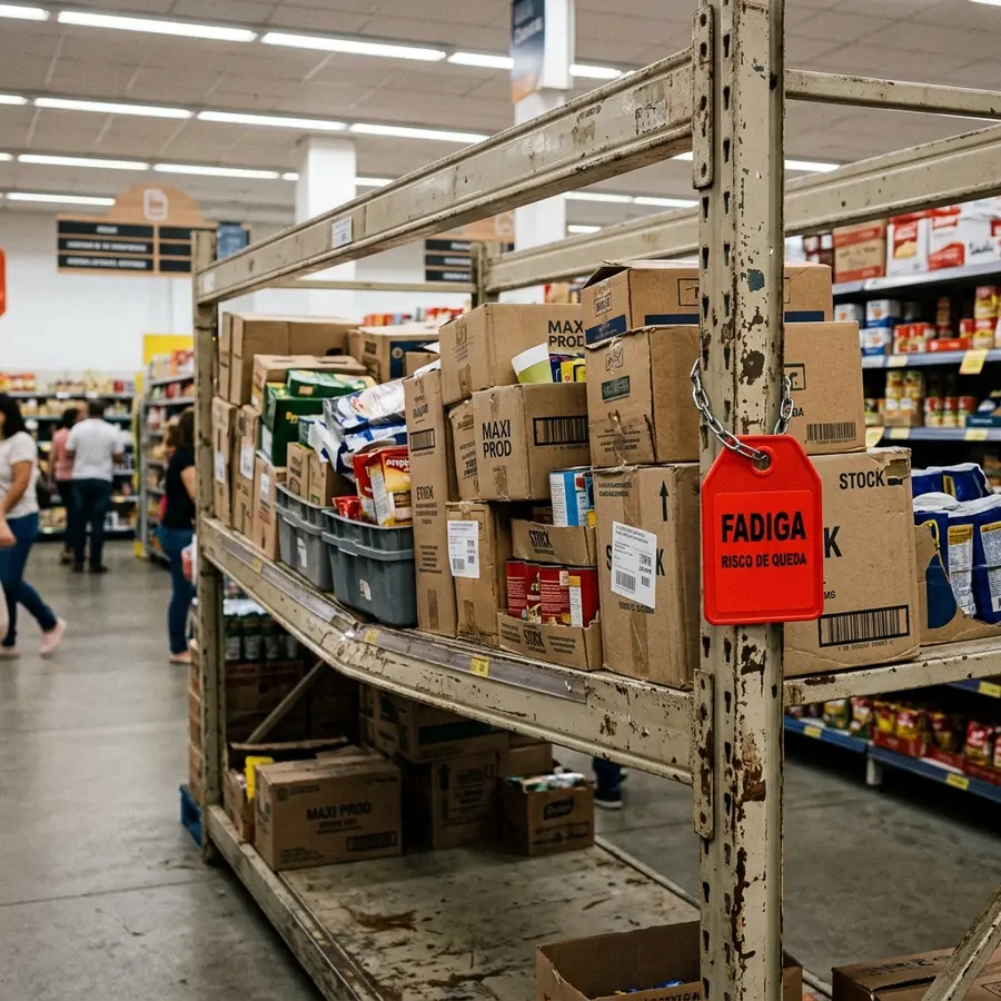 Foto realista mostrando um módulo de gôndola de aço de hipermercado antiga e deformada, torta devido à sobrecarga de fardos de produtos pesados, com uma etiqueta vermelha escrito FADIGA fixada na coluna