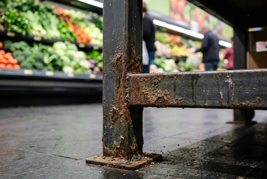 Gôndolas de aço inoxidável e galvanizadas expostas em área úmida e limpa de supermercado.