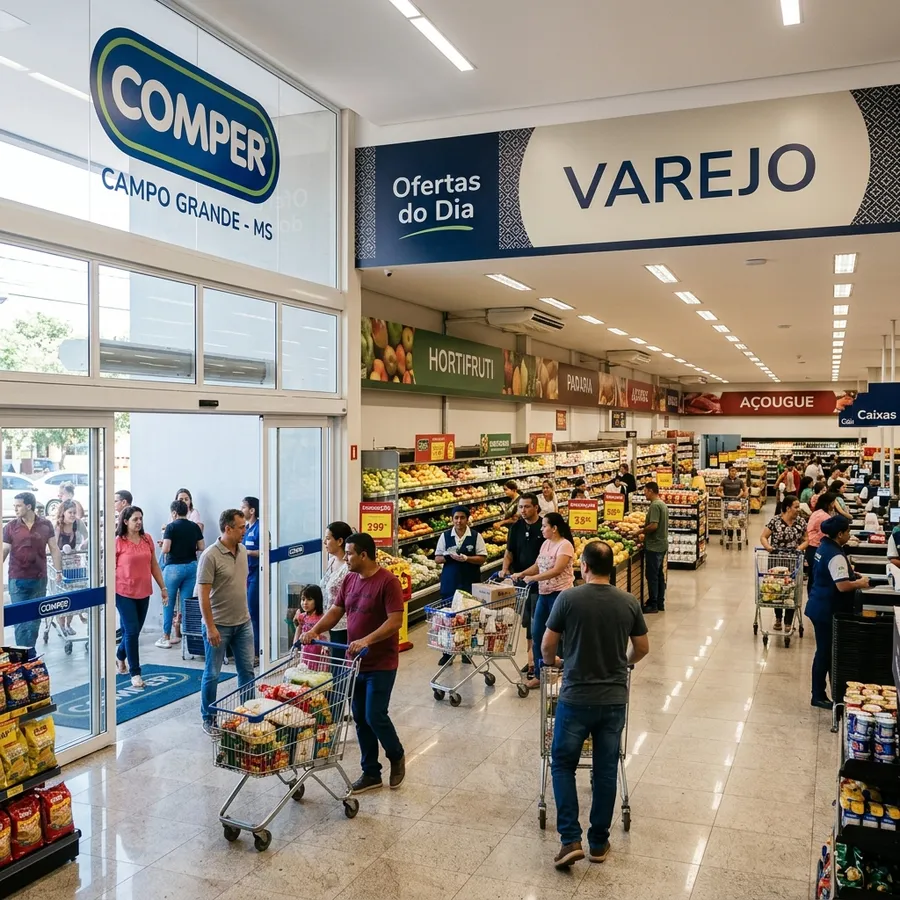 Corredores de supermercado moderno e movimentado em Campo Grande MS, com clientes comprando em gôndolas organizadas e bem sinalizadas