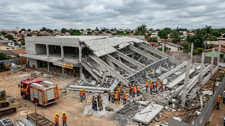 Estrutura pré-moldada de concreto colapsada em efeito dominó durante obra de construção de supermercado no bairro Aero Rancho em Campo Grande MS com equipes de resgate do Corpo de Bombeiros atuando entre os escombros