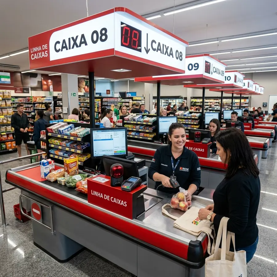 Linha de caixas modernos vermelhos com computadores e leitores óticos instalados e expositores aramados organizadores de fila com letreiro CAIXA em destaque