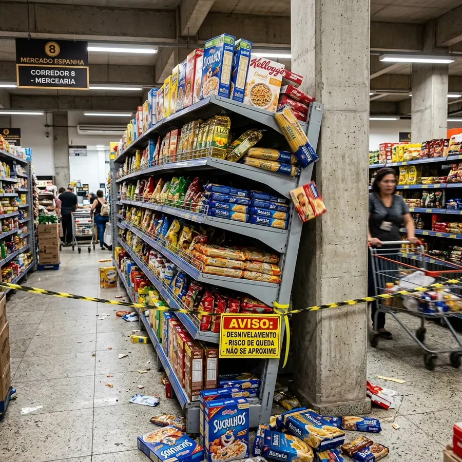 Foto realista e dramática em um supermercado mostrando uma gôndola de centro alta visivelmente inclinada e torta em relação a uma coluna de concreto reta do prédio. Mercadorias nas prateleiras superiores estão escorregando e caindo no corredor devido ao ângulo inclinado. Um aviso amarelo escrito DESNIVELAMENTO está fixado no rodapé da gôndola