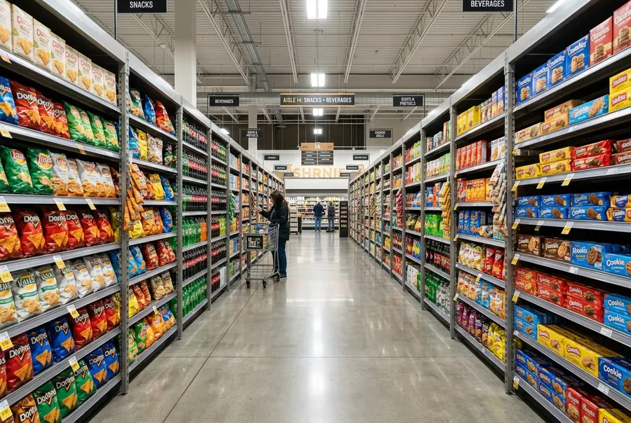 Visão em perspectiva de um corredor de supermercado largo com gôndolas de centro altas alinhadas com precisão e organizadas.