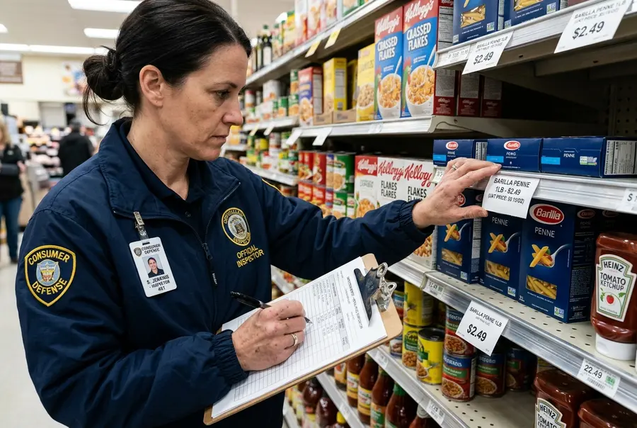 Fiscal do Procon anotando informações em prancheta em frente a uma gôndola de supermercado, verificando porta-etiquetas de preços.