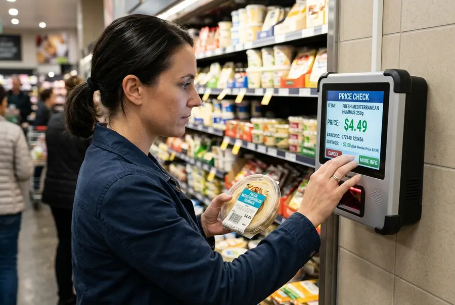 Cliente apontando com o dedo para um scanner leitor óptico de preços na coluna do supermercado, verificando valor.