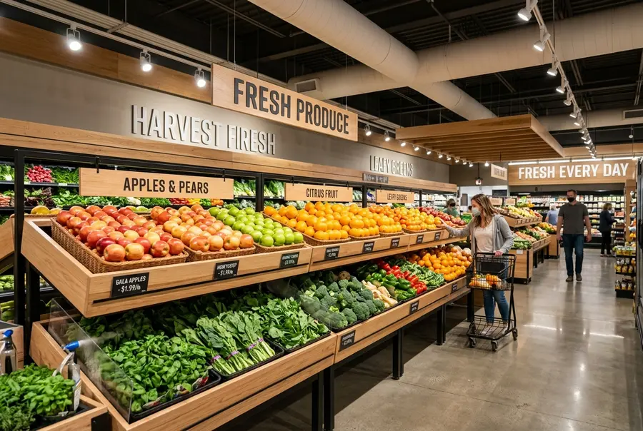 Visão interna de um corredor de hortifruti (FLV) de supermercado moderno e limpo, com gôndolas inclinadas feitas de madeira clara e bandejas pretas, perfeitamente organizadas.