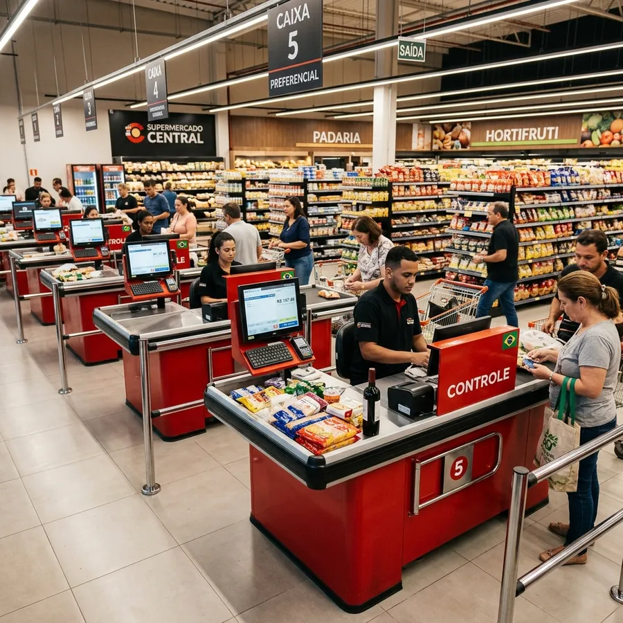 Frente de caixas checkout vermelhos de supermercado organizado com barreiras de fluxo metálicas e palavra-gatilho CONTROLE no painel metálico lateral