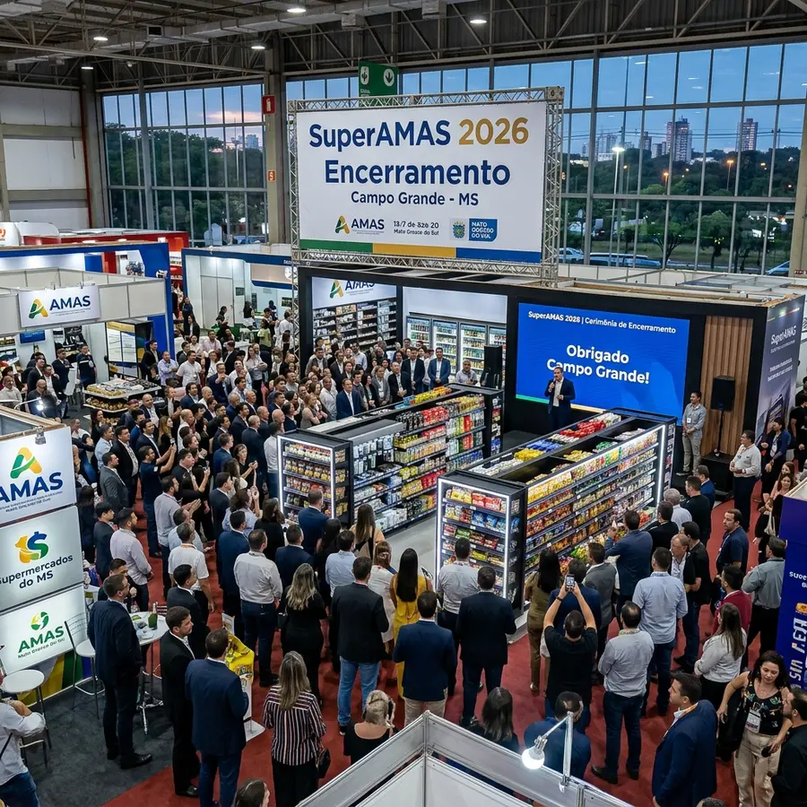 Solenidade de encerramento da feira SuperAMAS 2026 no Bosque Expo em Campo Grande MS com estandes de gôndolas de aço e público supermercadista