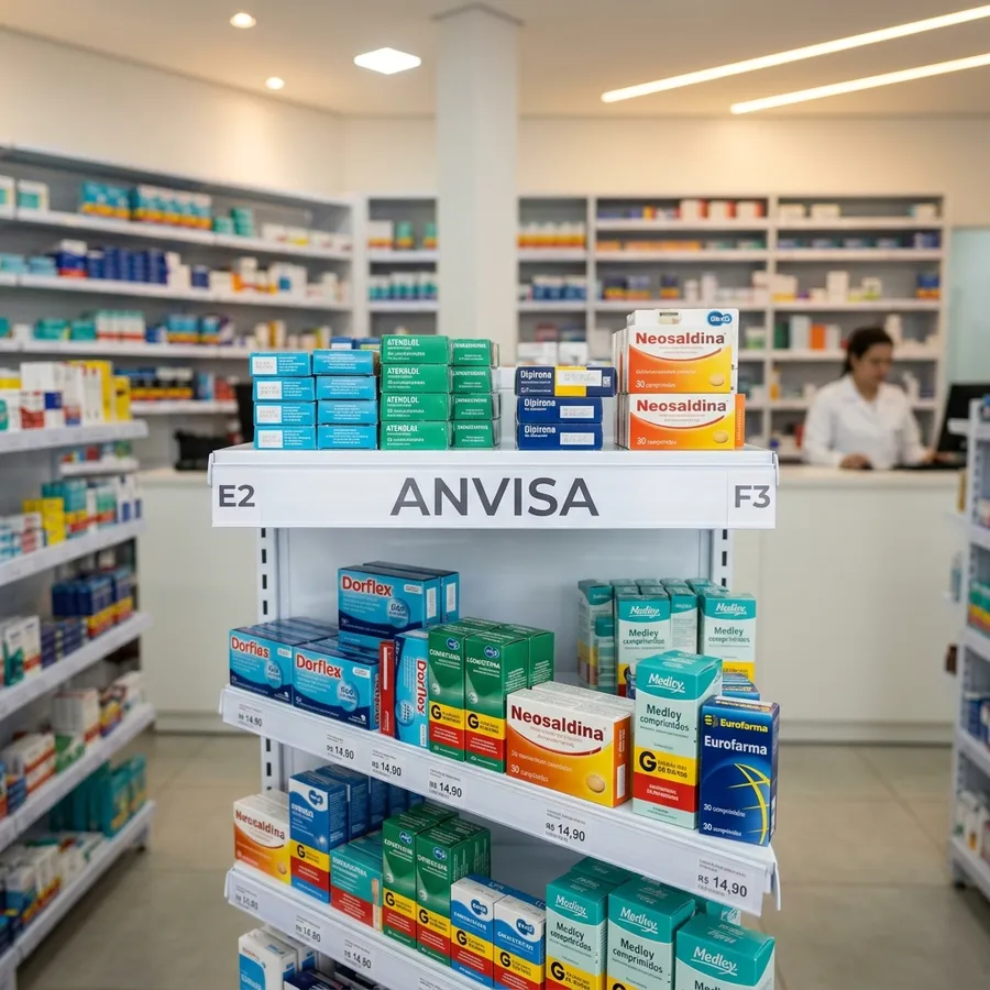Gôndolas brancas de farmácia moderna e higiênica organizadas com caixas de remédios de verdade sob luz suave e letreiro descritivo E2 ANVISA F3 na testeira de metal do expositor