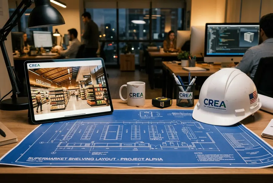 Mesa de escritório com projeto técnico em BIM e capacete branco do CREA ao lado de render 3D de gôndolas de atacarejo.