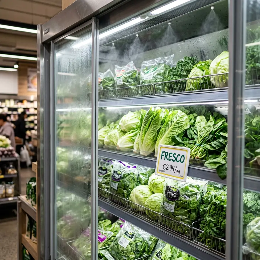 Expositor refrigerado de hortifrúti com folhagens frescas expostas sob iluminação LED de alta reprodução