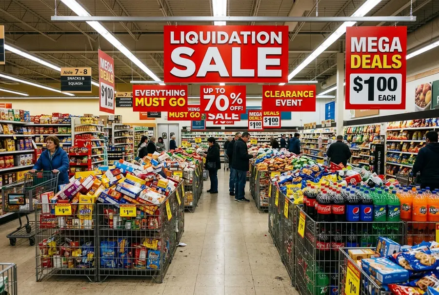 Aisle de supermercado com uma grande ilha central promocional composta por cestos aramados cheios de produtos em queima de estoque.