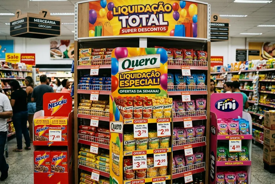 Ponta de gôndola reforçada com displays de papelão temáticos e cartaz de Liquidação / Queima de Estoques.