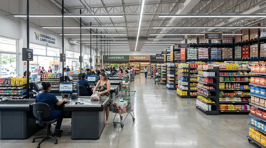 Interior de supermercado moderno em Campo Grande MS com bateria de checkouts ergonômicos em aço inox AISI 304 sob a NR-17 e corredores de gôndolas de aço de alta autonomia ABNT NBR 14762