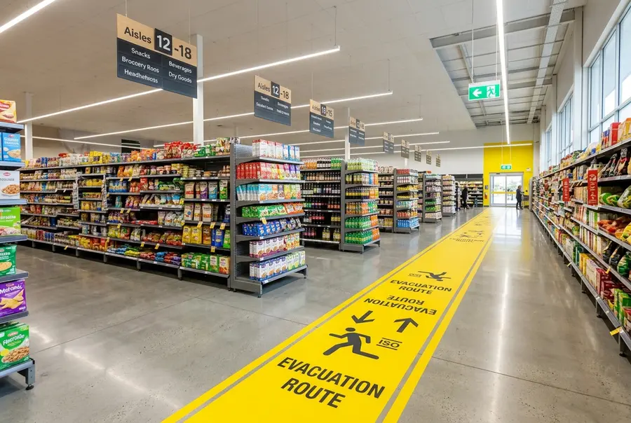 Visão ampla de corredores de supermercado espaçosos com marcações amarelas de segurança no piso e placas indicativas de rota de evacuação.