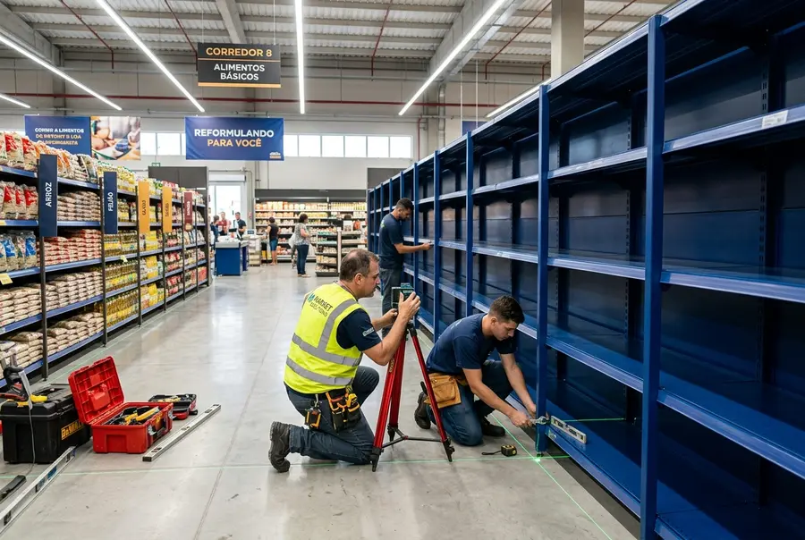 Equipe técnica de manutenção reorganizando e padronizando gôndolas de aço azuis no amplo salão de vendas de um supermercado integrado.