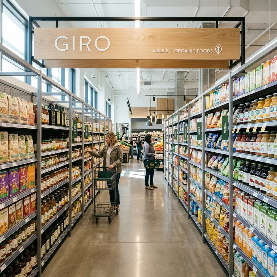 Corredor de supermercado moderno com gôndolas de aço cinza repletas de produtos e placa suspensa com a palavra-gatilho GIRO