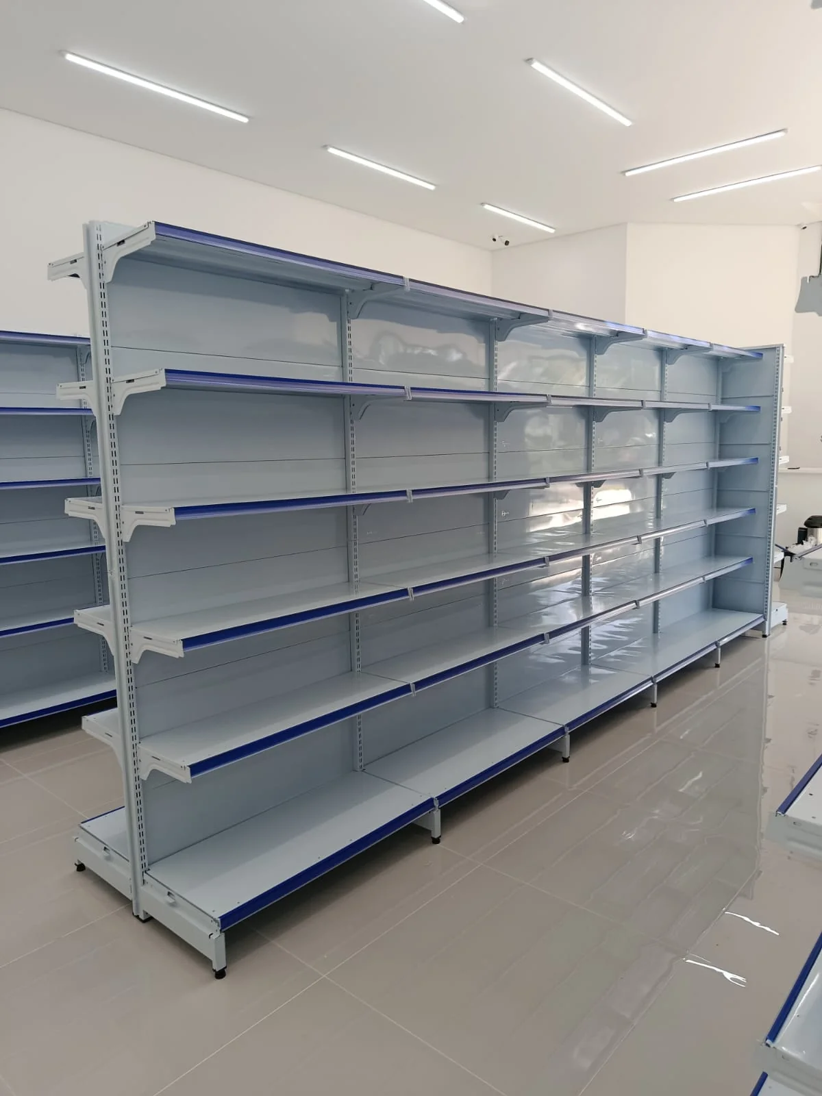 Gôndola central reforçada para pet shop com exposição de rações e acessórios