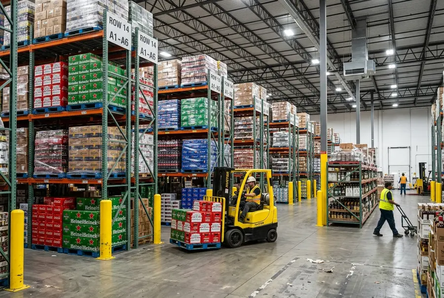 Depósito de bebidas organizado com gôndolas e mini porta-pallets reforçados contendo fardos e garrafas de bebidas.