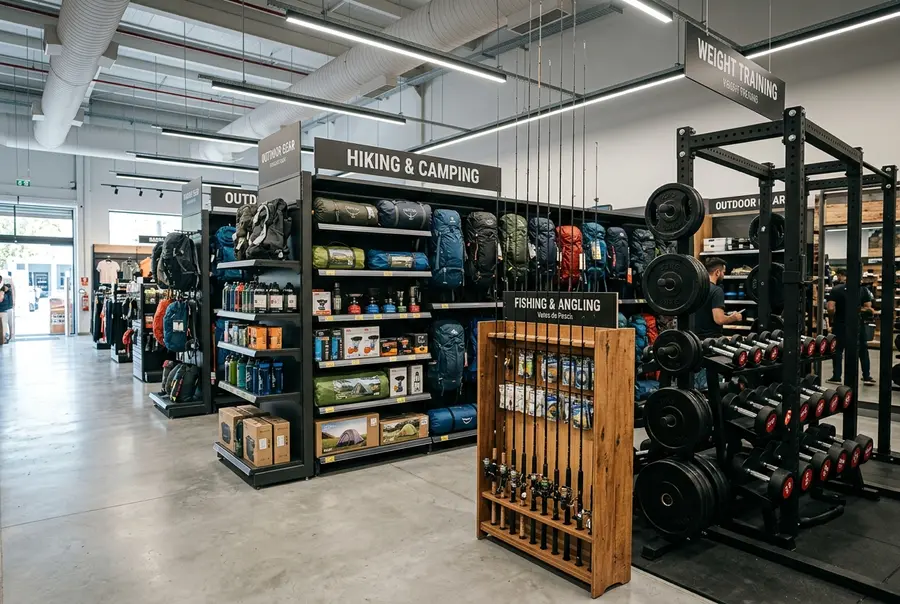 Interior de uma loja de esportes e pesca organizada com racks de halteres e gôndolas perfuradas contendo mochilas e equipamentos.
