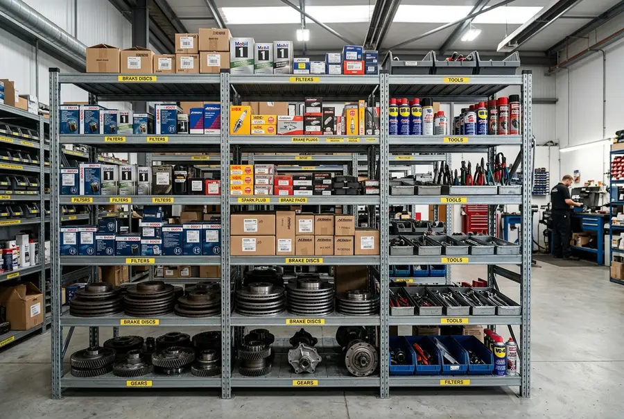 Gôndolas de aço industrial reforçado com autopeças e ferramentas pesadas expostas de forma organizada.
