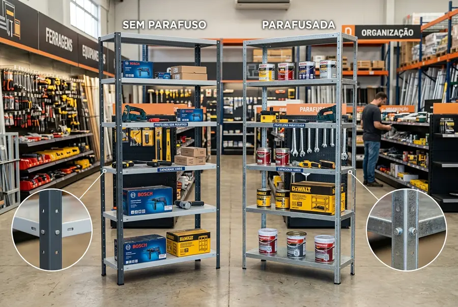 Gôndolas de encaixe rápido sem parafuso expostas lado a lado com estantes parafusadas industriais.