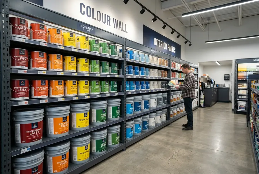 Loja de tintas organizada com gôndolas industriais reforçadas contendo latas de tinta e galões pesados dispostos de forma segura.