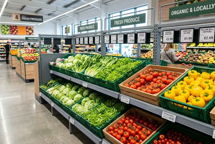 Seção de hortifrúti organizada com gôndolas inclinadas contendo frutas e legumes frescos expostos de forma atrativa.