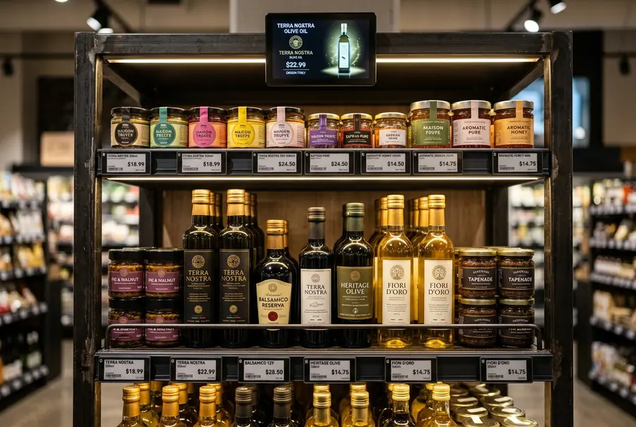 Close-up de gôndola comercial gourmet contendo etiquetas eletrônicas digitais acopladas ao trilho de preço frontal sob iluminação LED embutida.