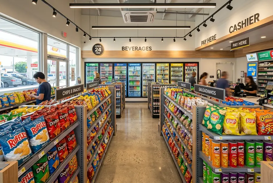 Interior de loja de conveniência moderna e organizada com gôndolas baixas contendo snacks e refrigeradores ao fundo.