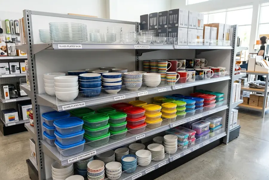 Gôndolas de aço organizadas com pratos, copos de vidro e utensílios de cozinha em uma loja de utilidades.