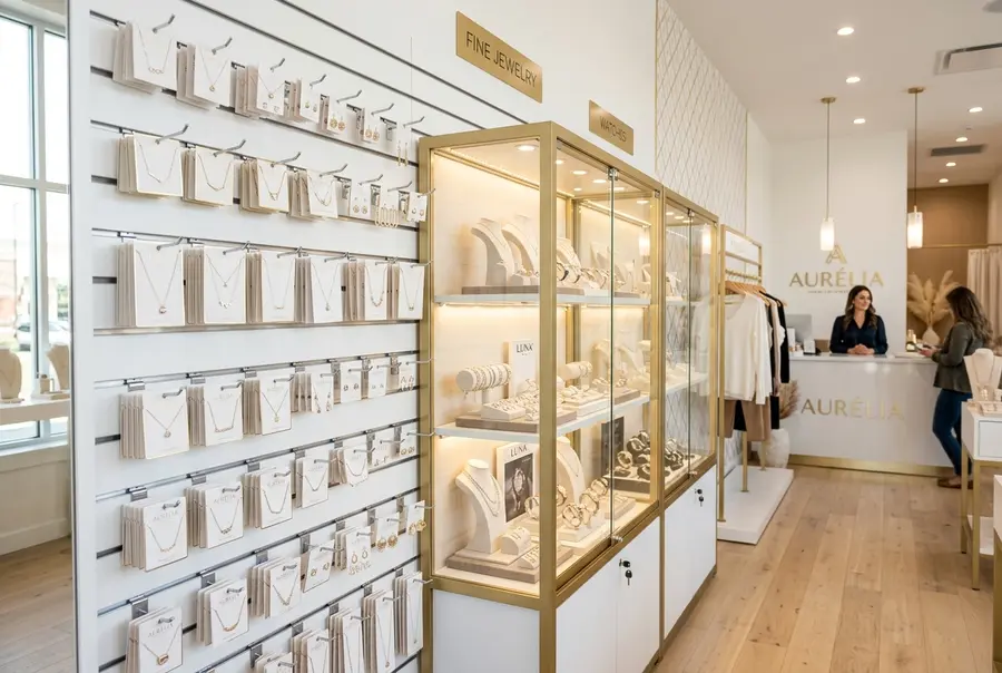 Interior de uma loja de bijuterias e acessórios de moda organizada com painéis canaletados e vitrines de vidro iluminadas por LED.