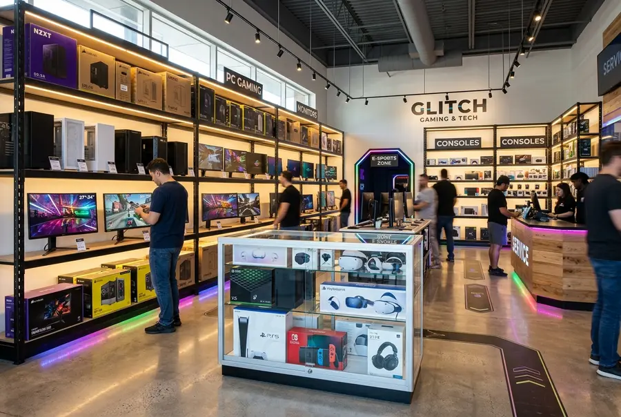 Interior de uma loja de informática e games com gôndolas de aço iluminadas por LED e vitrines contendo consoles e computadores gamer.