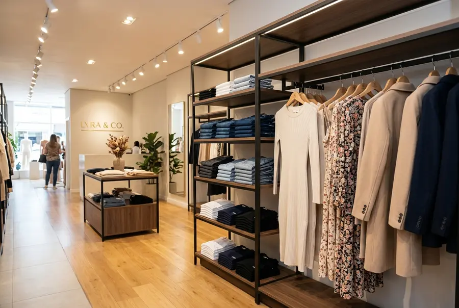 Interior de uma loja de roupas e confecções moderna organizada com gôndolas centrais e araras suspensas contendo cabides e roupas dobradas.