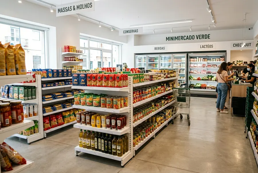 Interior de uma mercearia organizada de bairro com gôndolas brancas contendo alimentos e produtos de conveniência.