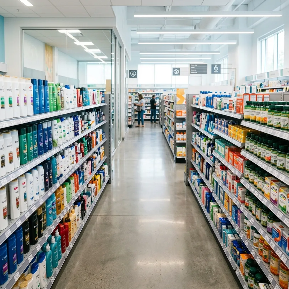 Gôndolas comerciais de aço organizadas com produtos em níveis de visibilidade estratégicos
