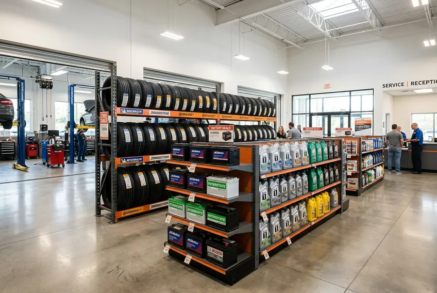 Interior de um auto center e loja de autopeças organizado com racks de pneus e gôndolas pesadas contendo óleos e baterias de carro.